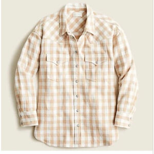 Women's J.Crew Relaxed Gingham Button Down Shirt 8 Beige White
